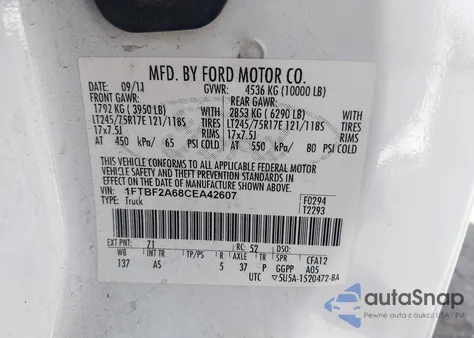 2012 Ford F-250 Xl из США, поврежденный, VIN 1FTBF2A68CEA42607